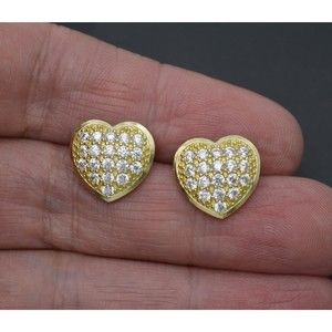 Real 10K Solid Yellow Gold 14.2mm Women Shiny Heart Pavé CZ Stud Earrings 3.8gr